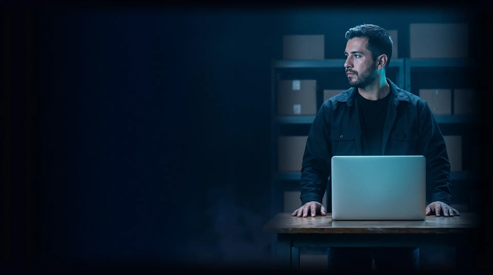 Fundador de un e-commerce en su pequeña bodega de noche, junto a su laptop (imagen ilustrativa)