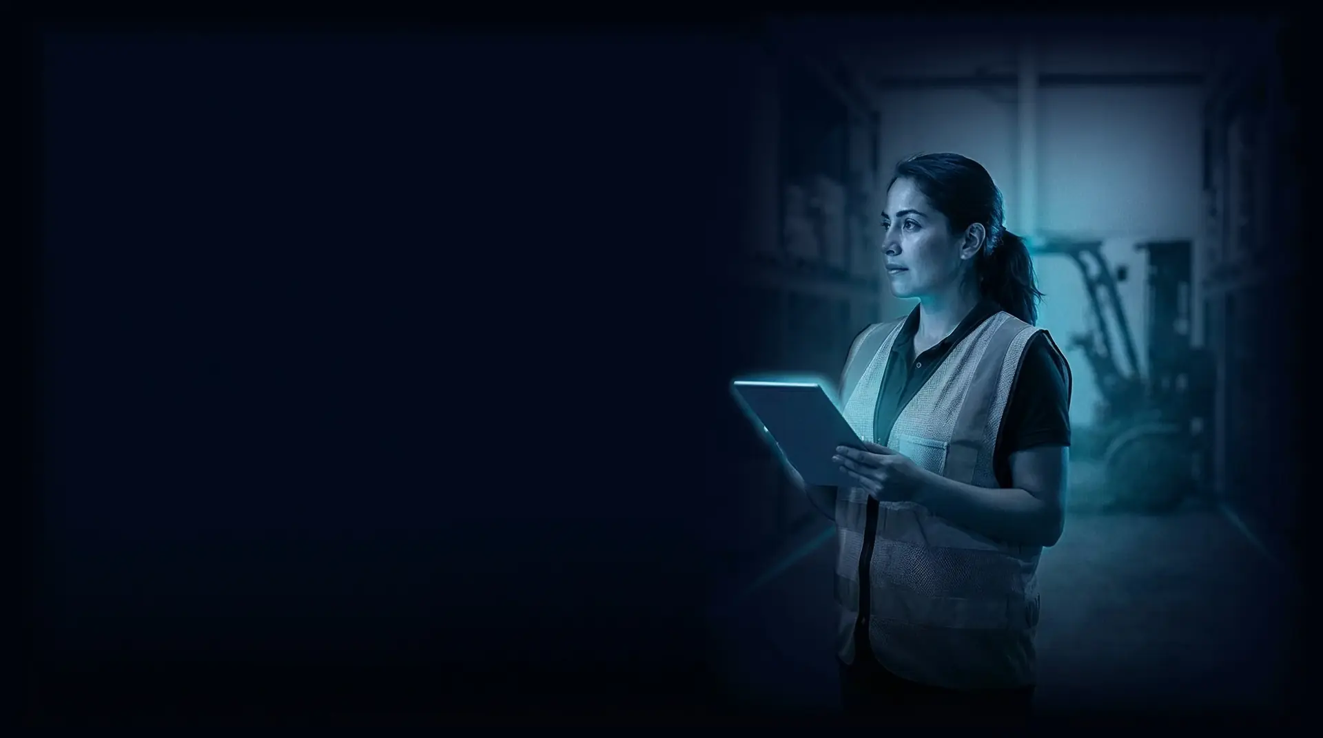 Coordinadora de logística con tableta en un centro de distribución de noche (imagen ilustrativa)