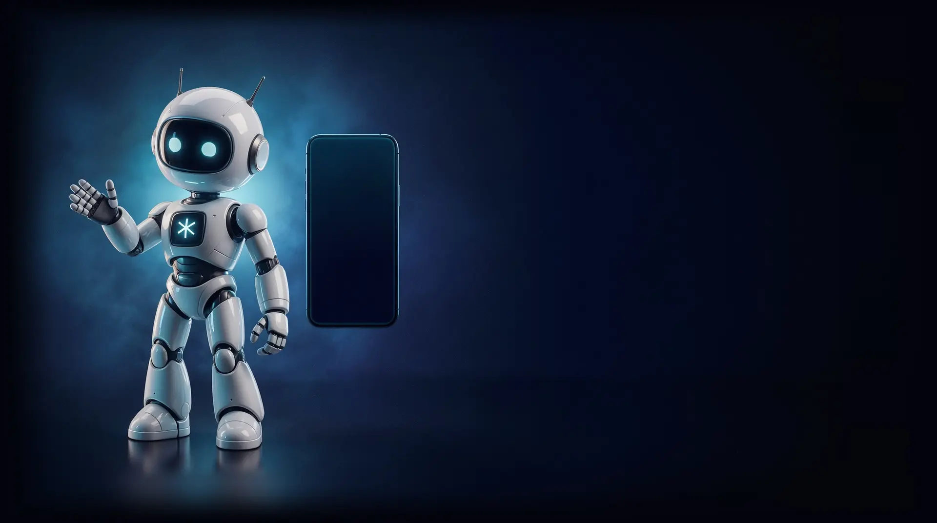 Kain, el agente de IA de Ingeniak, saluda junto a un teléfono de cristal flotante